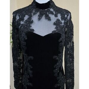 Rickie Freeman Teri Jon Velvet Lace Dress 10 Black Gown Whimsigoth Witchy Prom